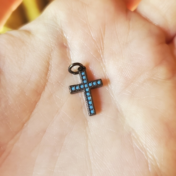 NWOT Tiny Gunmetal & Turquoise Cross Charm - Picture 2 of 5